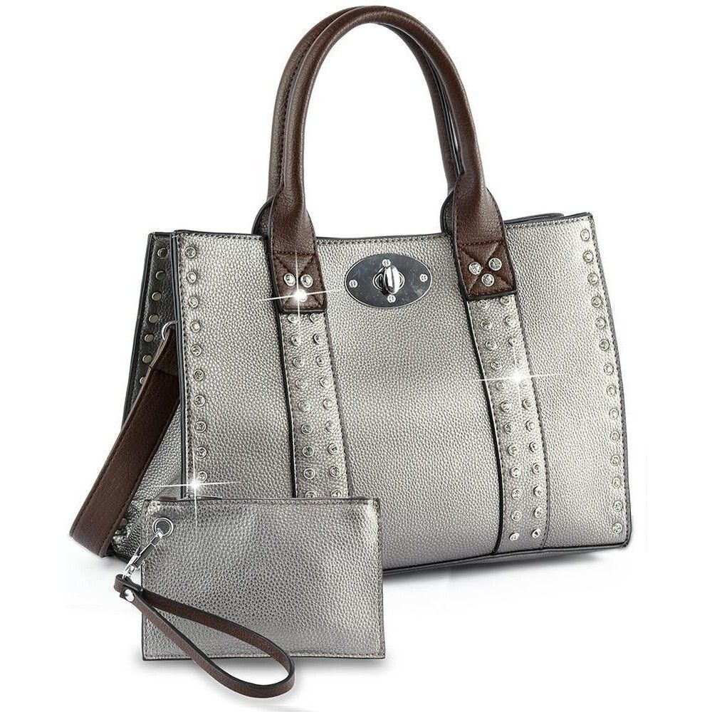 Women's Pewter Accessorized Twist Lock Satchel Purse Handbag for Women